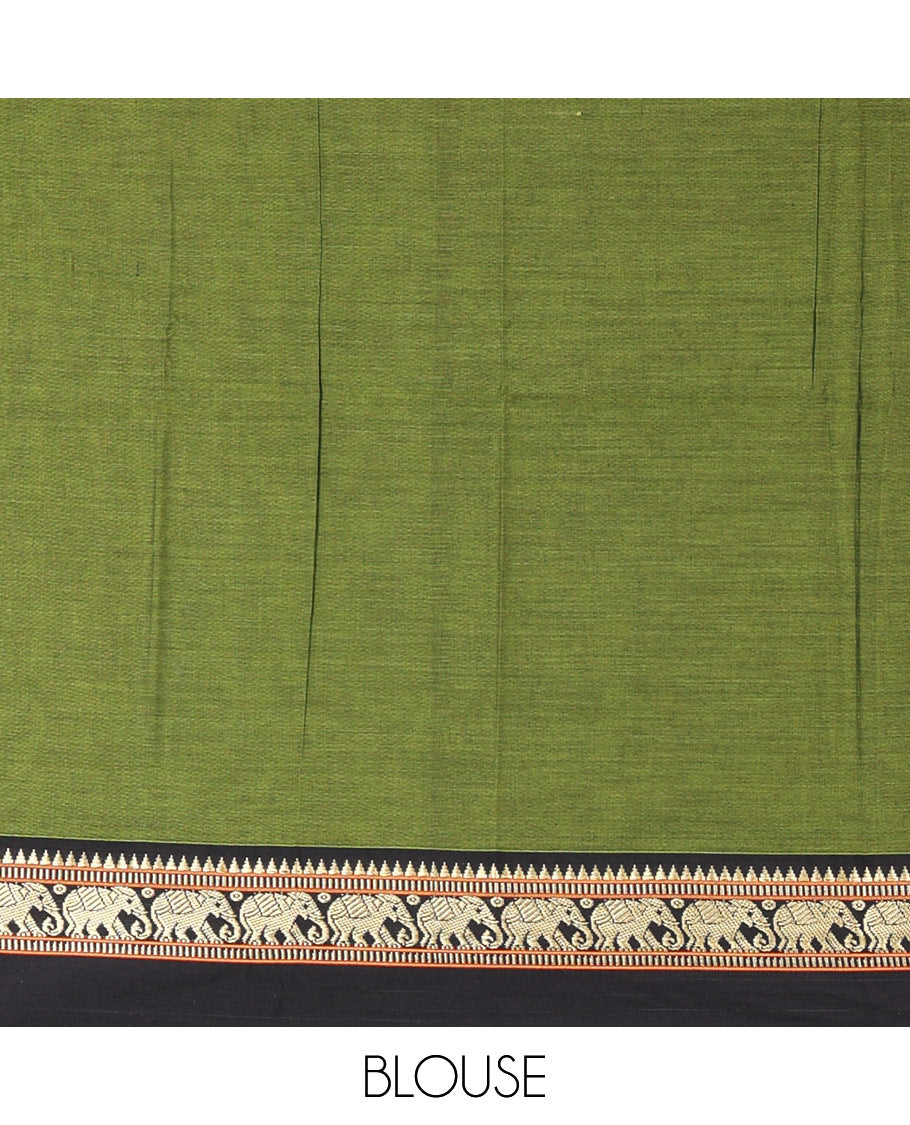 Olive plain mercerised cotton saree, contrast kal erangina thread border of elephant motifs, striped pallu, and a matching blouse