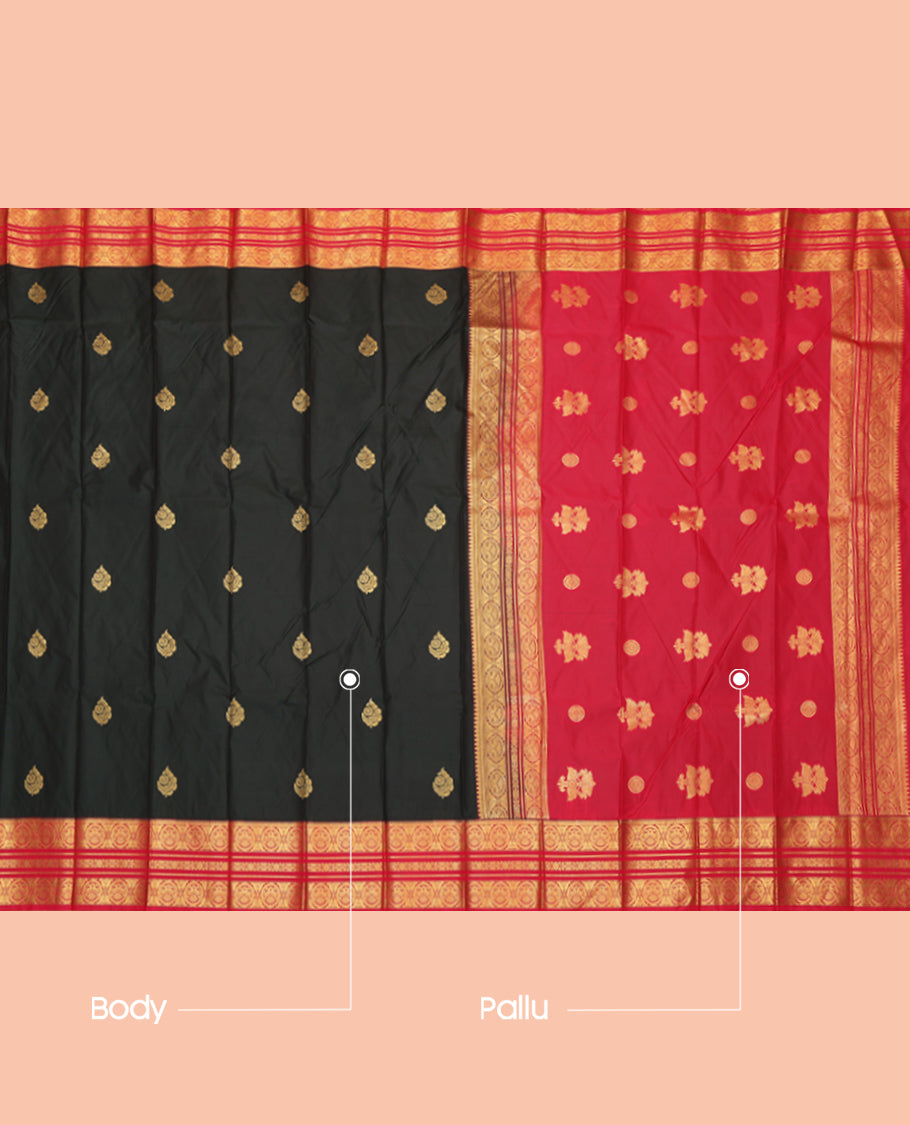 Black Budget Silk Saree, Showcasing Zari Buttas, Complemented by Contrast Traditional Zari Border, a Grand Pallu and a Contrast Blouse