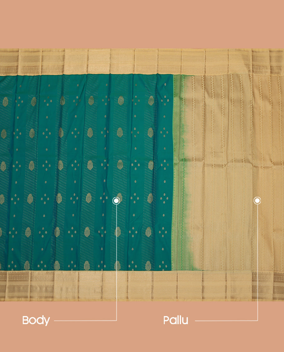 Blue Budget Silk Saree, Delicately Woven Zari Buttas and Stripes, Complemented by a Contrast Traditional Zari Border, Grand Pallu, and Contrast Blouse