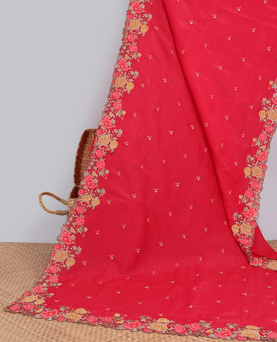 Yellow crushed tissue saree with scallop floral border & motif embroidery pallu