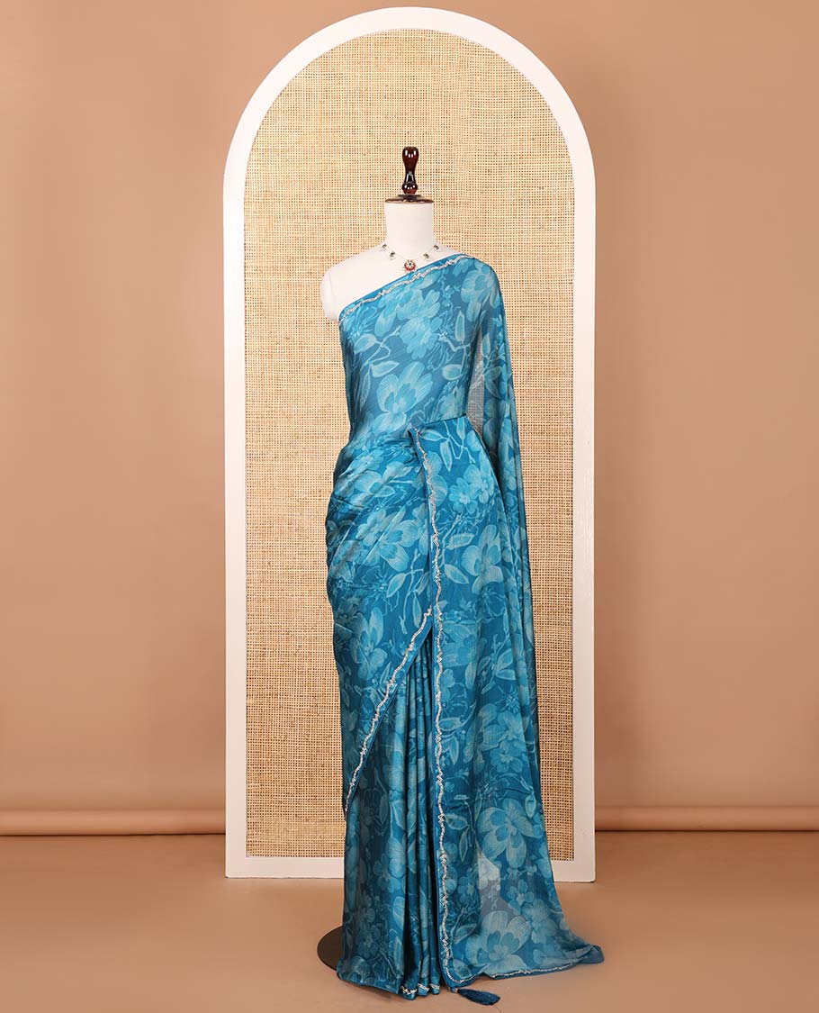 Blue floral design digital printed Barbie doll chiffon saree, jarkan stone work border, and printed blouse