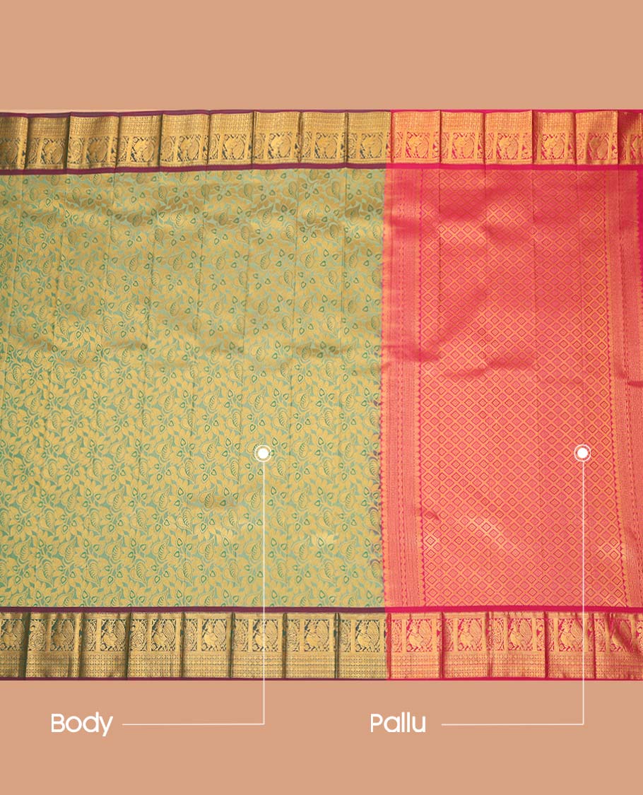 Green Budget Silk Saree, Showcasing Floral Vine Design, Complemented by Contrast Peacock and Paisley Zari Border, a Jaal Pallu and a Contrast Blouse