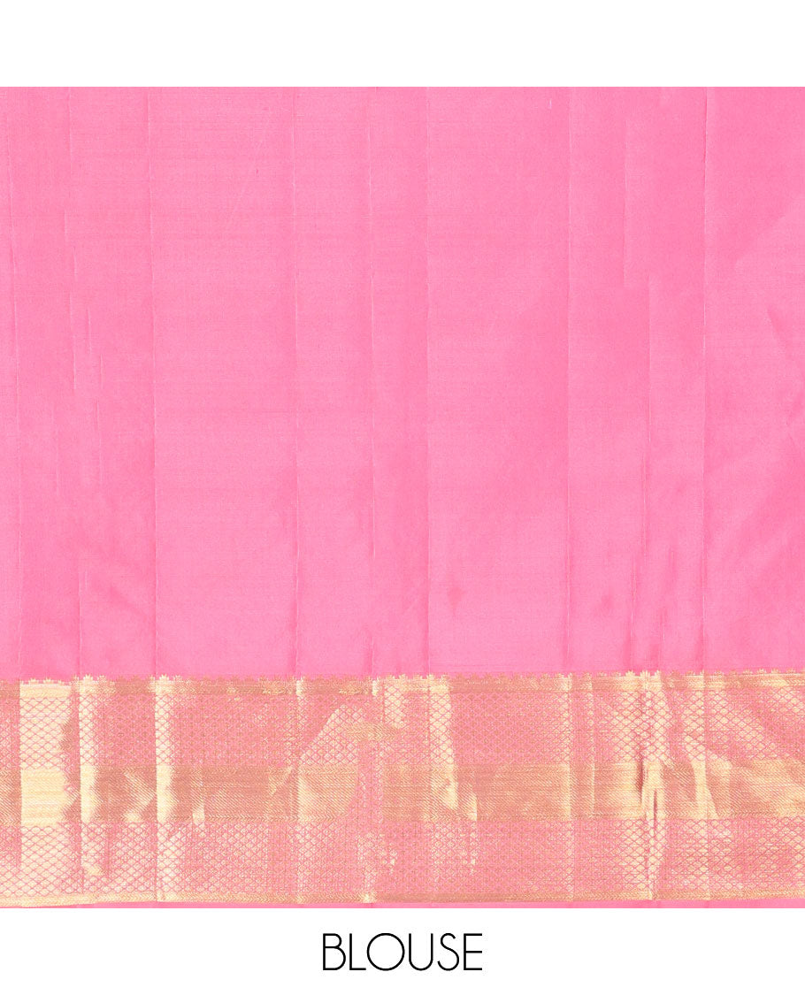 Pink floral vine design kancheepuram silk saree with self border of rekku , kuyil kann, banaras design & zari design pallu