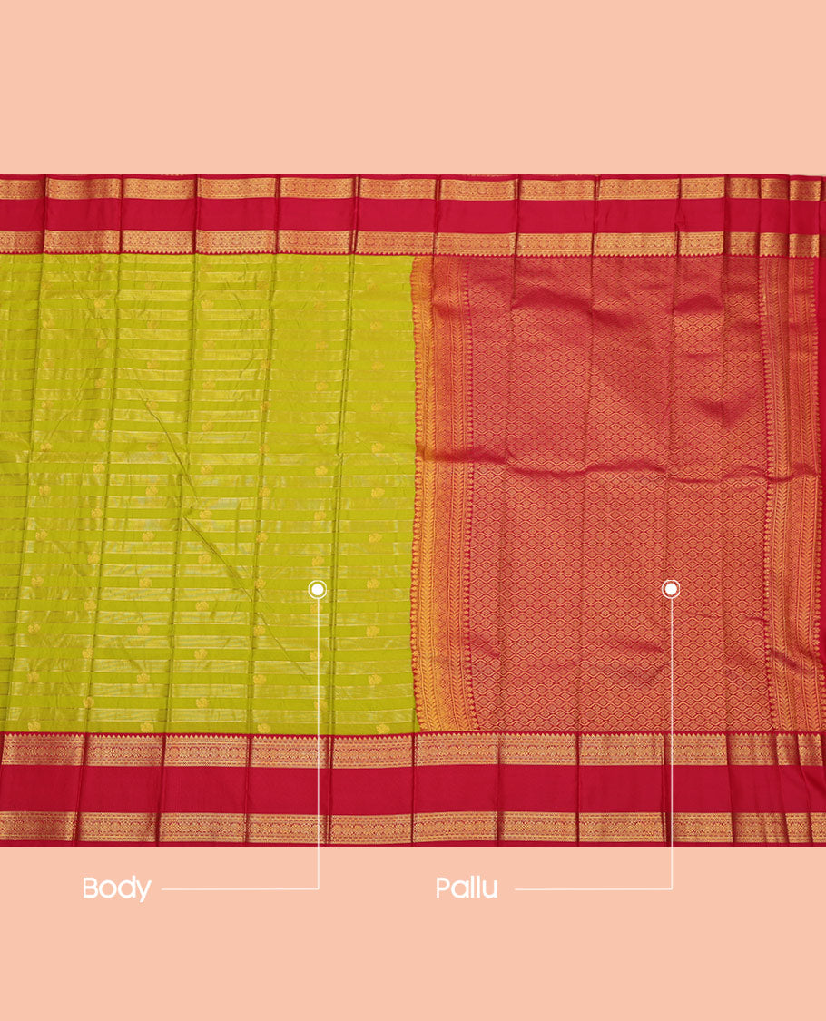 Green Budget Silk Saree, Bedecked with Peacock Buttas and Zari Stripes on Its Body, Complemented by a Contrast Traditional Zari Design Rettai Pettu Border, Grand Jaal Pallu, and Paired with a Contrast Blouse