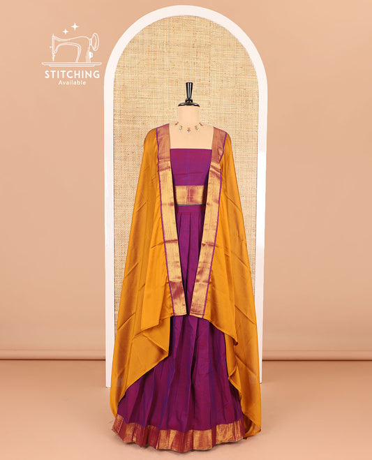 Purple half-saree, plain with contrast traditional zari border skirt, matching zari bordered blouse, and contrast plain zari border dhavani