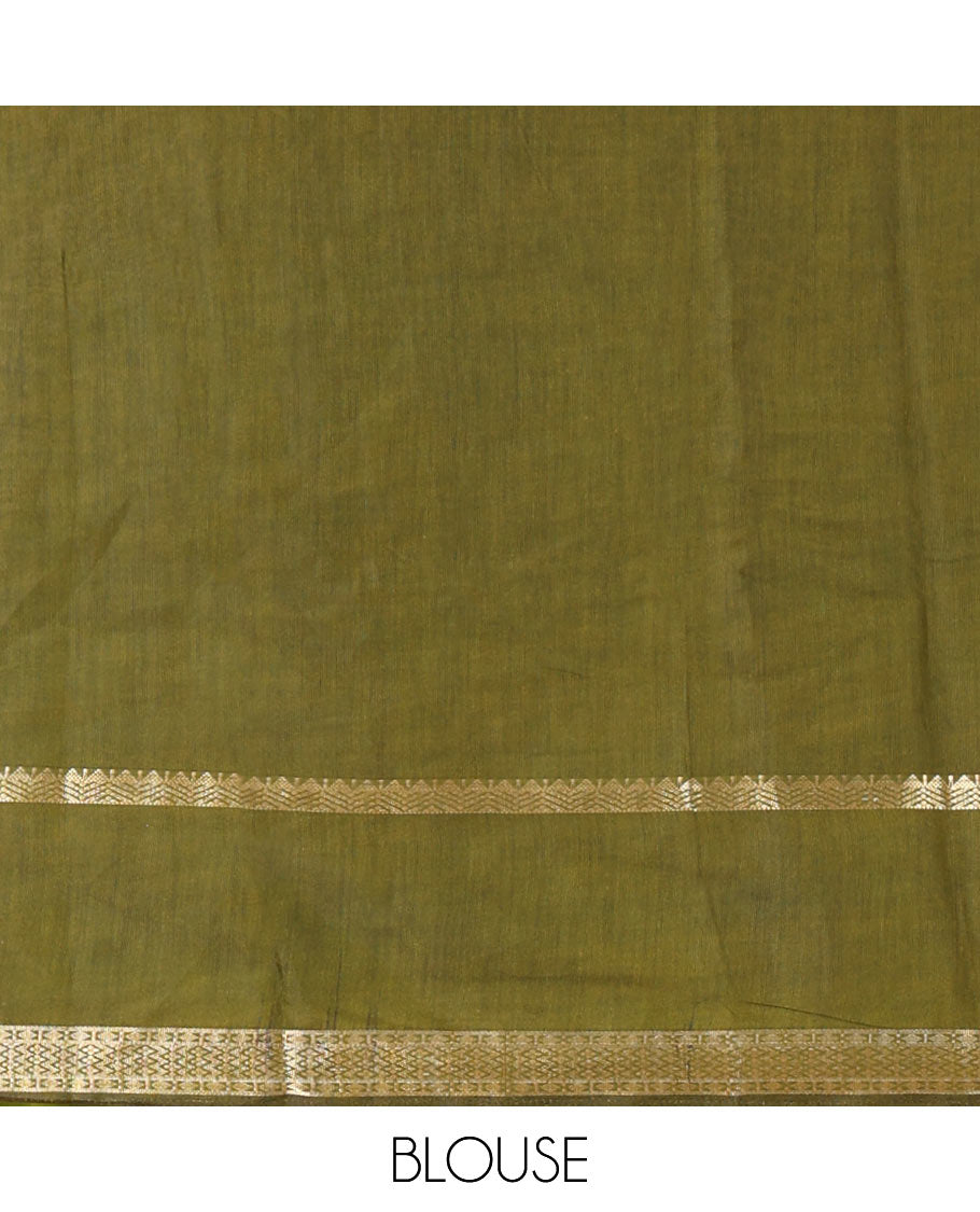 Wine vertically striped muslin silk saree, contrast zari rettai pettu border, kalamkari floral vine printed pallu, and a contrast plain blouse