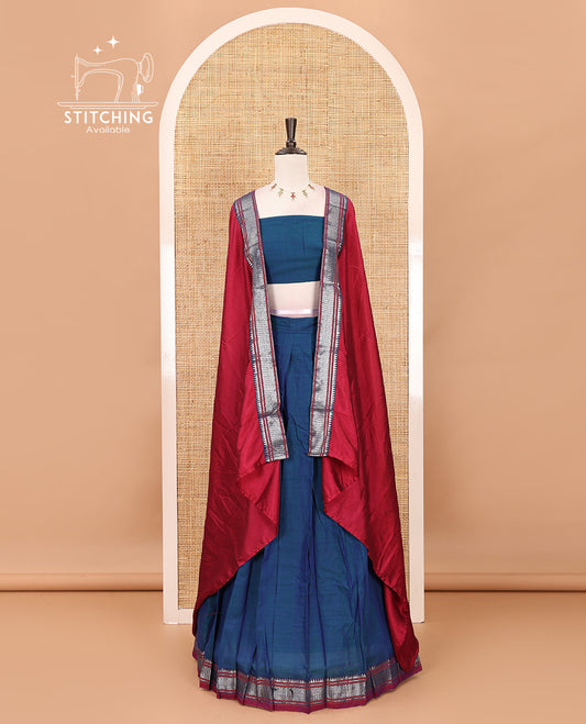 Peacock blue mercerized cotton half-saree, plain & contrast traditional temple border skirt, matching blouse & contrast temple zari border vichitra silk dhavani