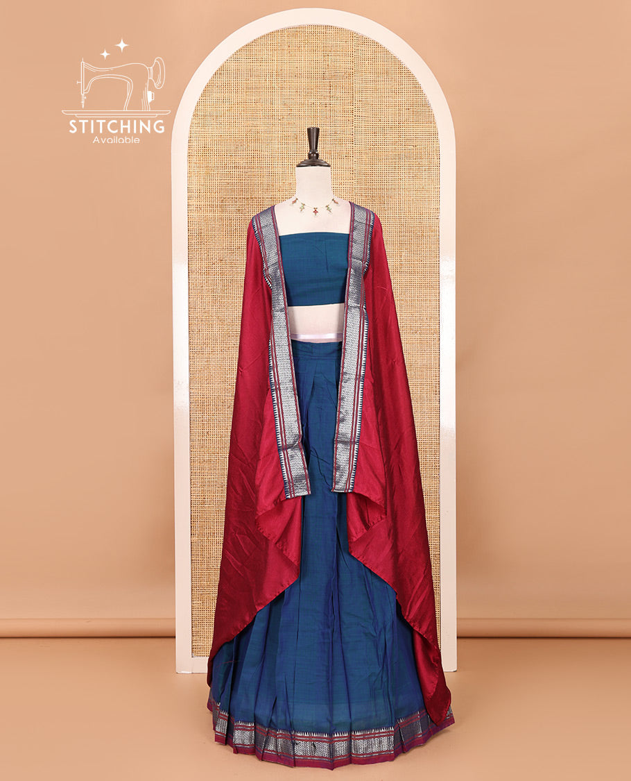 Peacock blue mercerized cotton half-saree, plain & contrast traditional temple border skirt, matching blouse & contrast temple zari border vichitra silk dhavani