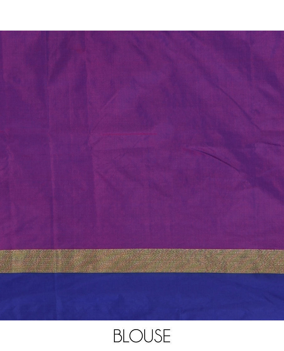 Rani pink full-plain semi-soft saree, contrast satin border of zari stripes, striped pallu & contrast plain blouse
