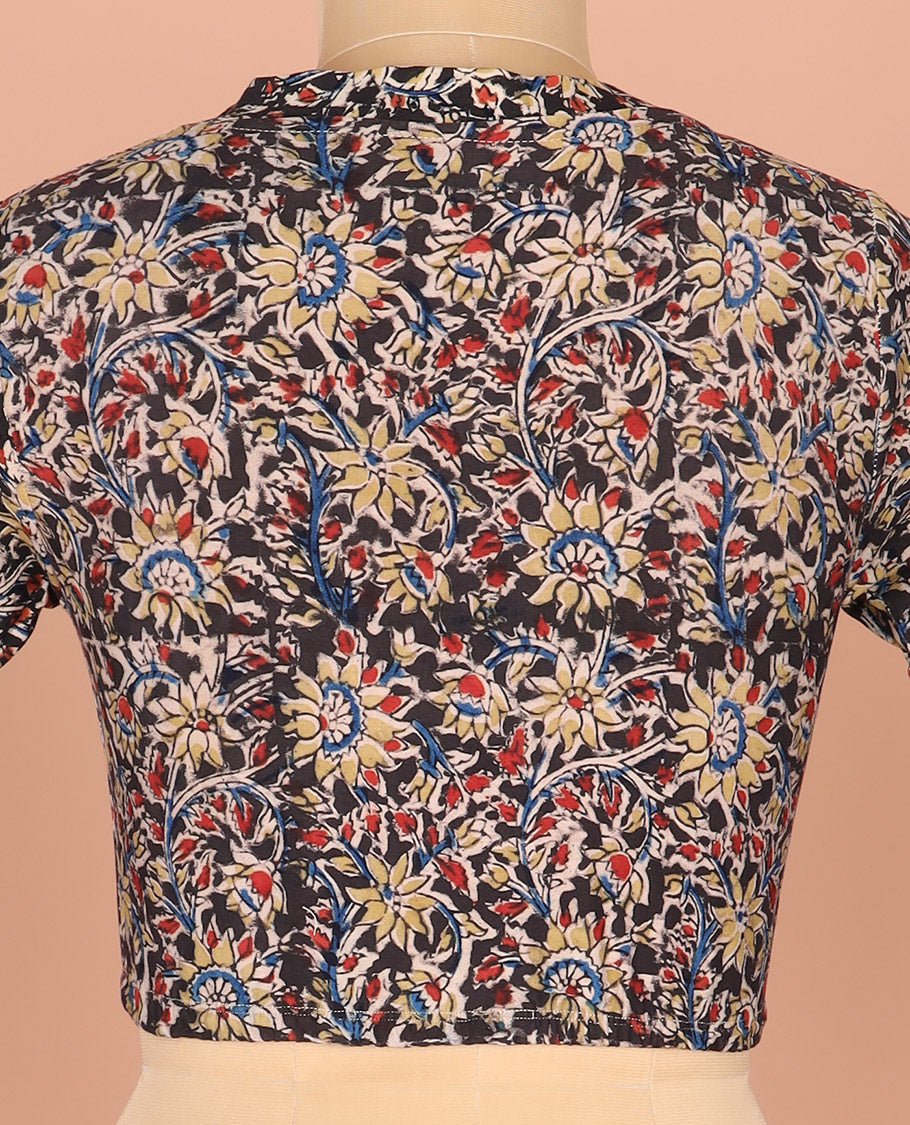 Black-base Readymade Blouse Detailed with Floral Vine, Featuring a Front V-Neck, a Back Closed Neck, and Full Sleeves