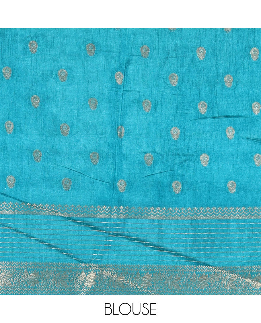 Yellow zari buttas dola silk saree, contrast pink-blue temple ganga jamuna traditional zari border, paisley pallu, and contrast zari design blouse