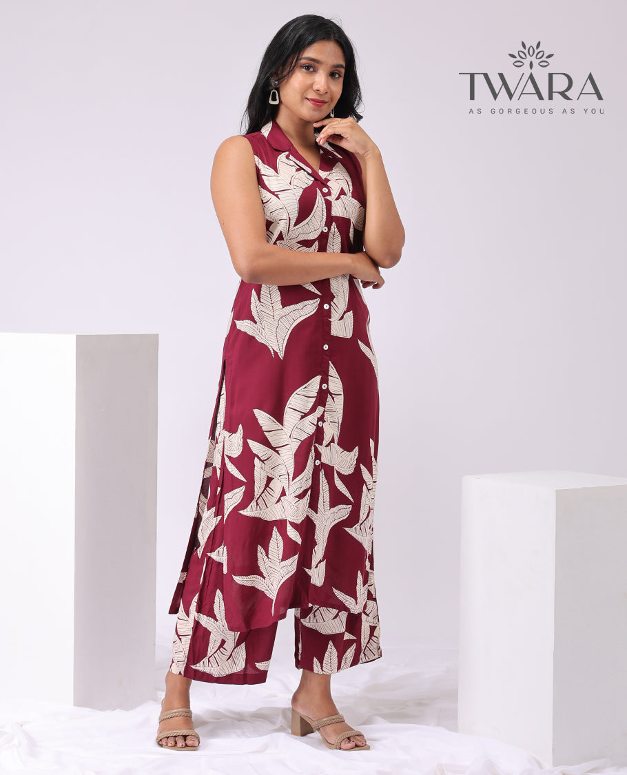 Twara Maroon banana leaf print sleeveless button down knee lenght kurti with palazzo pants