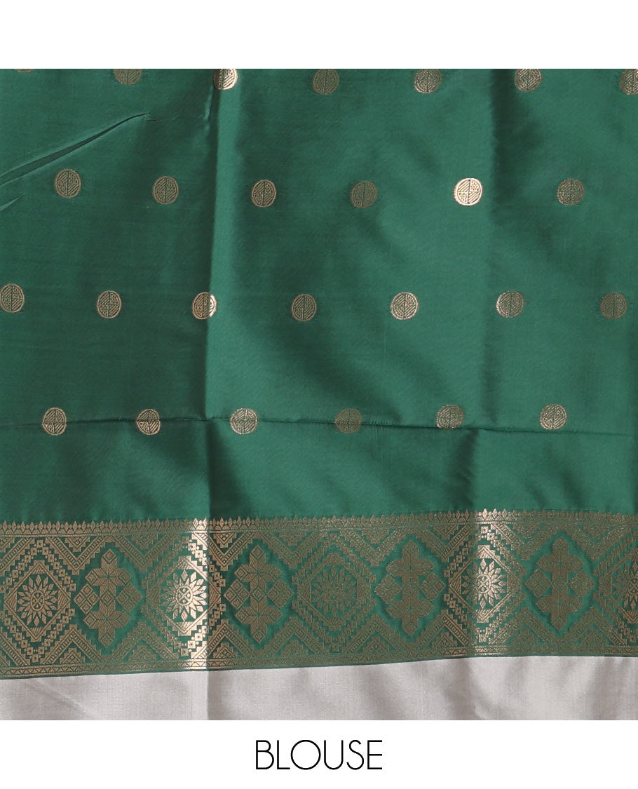 Grey striped and zari buttas Mulberry silk saree, contrast temple zari buttas border, intricate pallu, and contrast zari design blouse