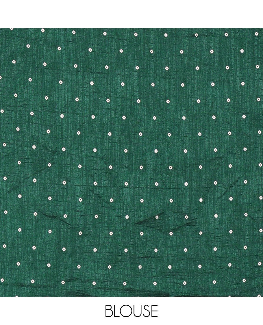 Borderless green zig-zag stripes gold foil printed, scallop-edged rangoli chiffon saree with a matching bandhani dotted blouse