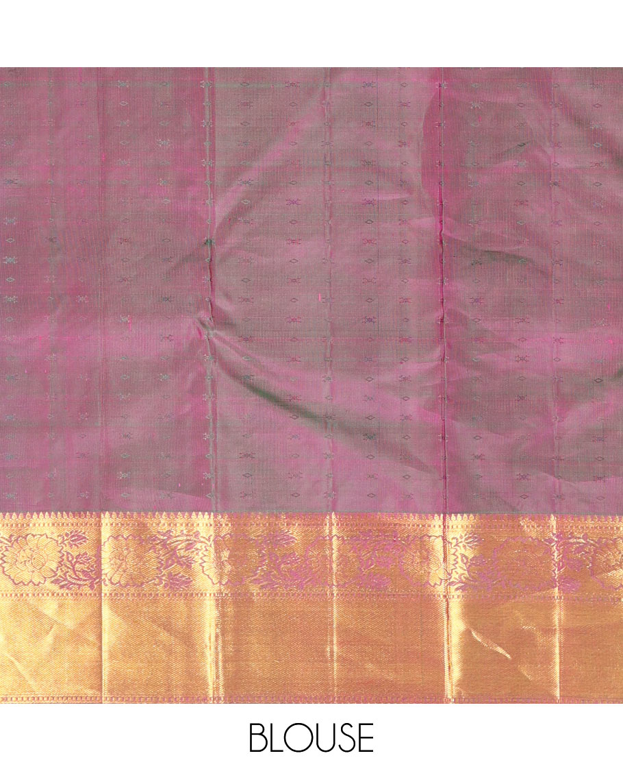 Purple Kanchipuram Wedding Silk Saree, Opulently Embellished with Jacquard Design on Its Body, Highlighted by Zari Border of Rekku, Muthu, and Kodi Visiry Designs, Intricately Designed Pallu and Paired with a Matching Blouse