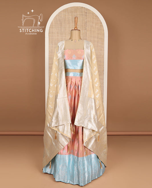 Peach floral design half saree with contrast zari design border , zari design blouse & floral zari design dhavani