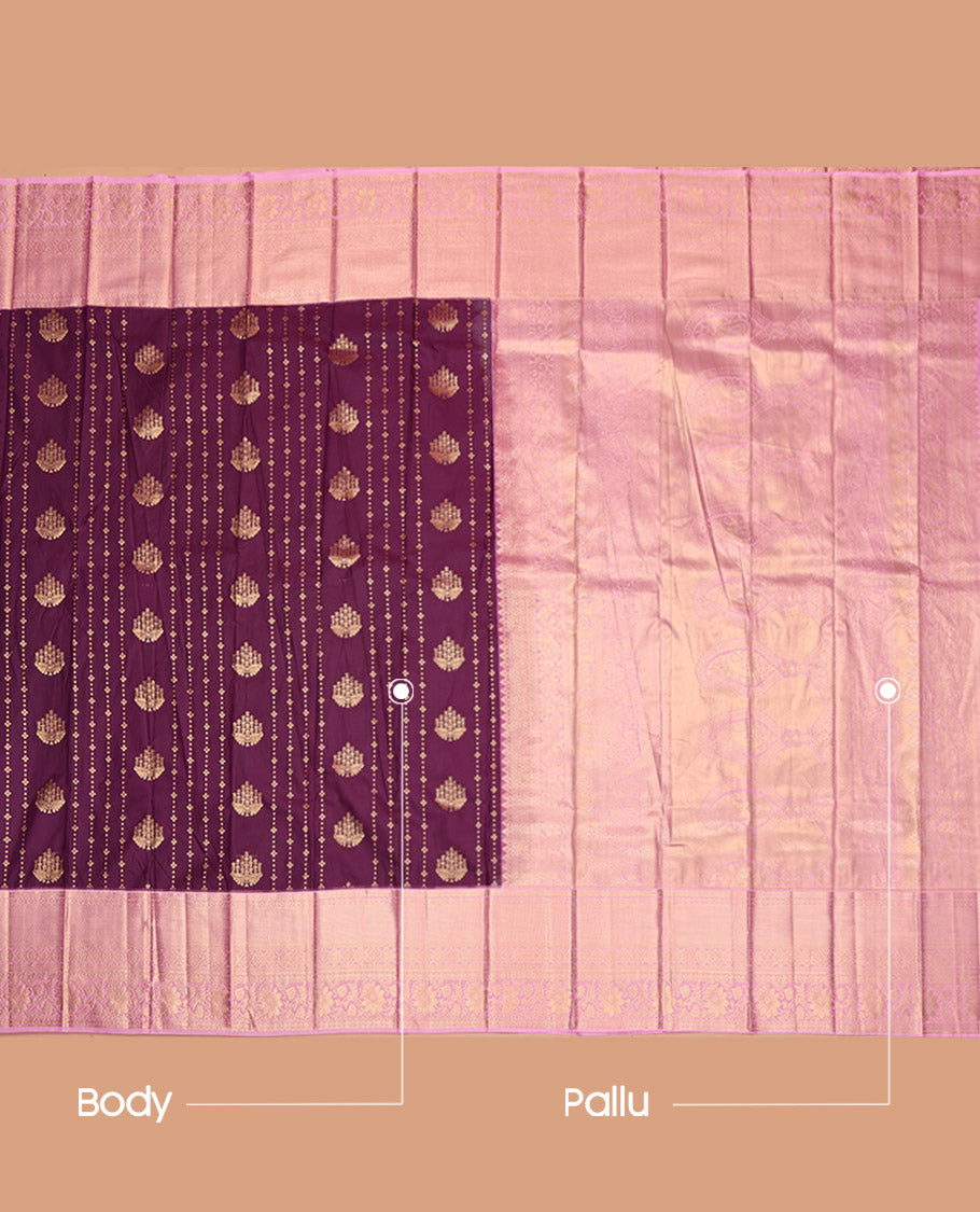 Purple Budget Silk Saree, Decorated with Zari Buttas, Contrast Traditional Zari Border, Grand Pallu, and a Contrast Blouse