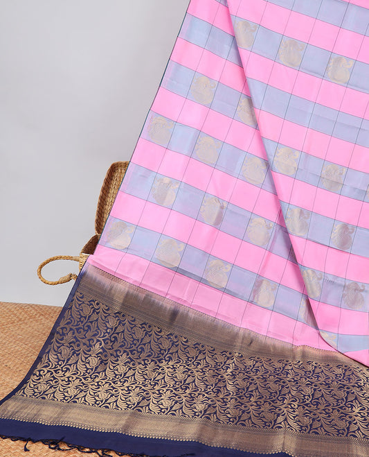 Borderless multi-color checked with peacock buttas design soft silk saree with floral vine zari design pallu