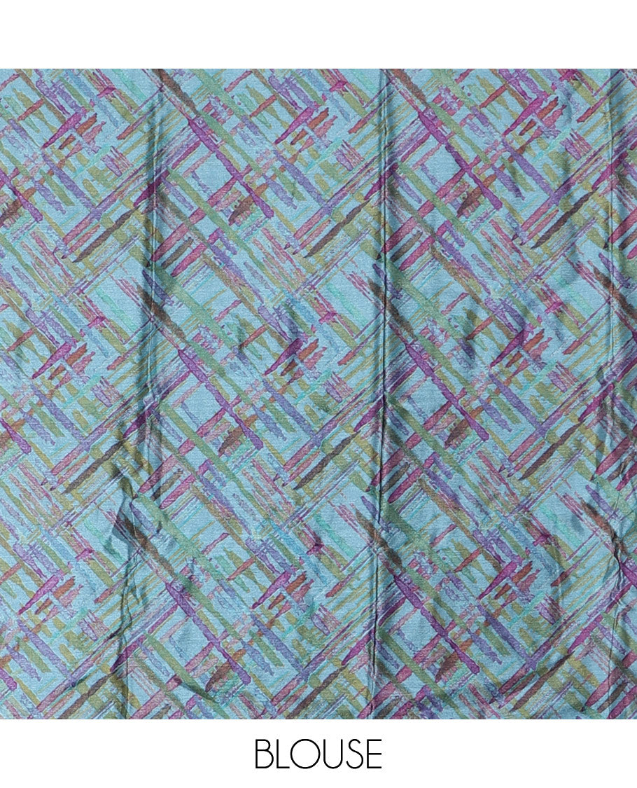 Teal blue abstract style geometric printed Turkey crepe saree, contrast border, and pallu of abstract textured print