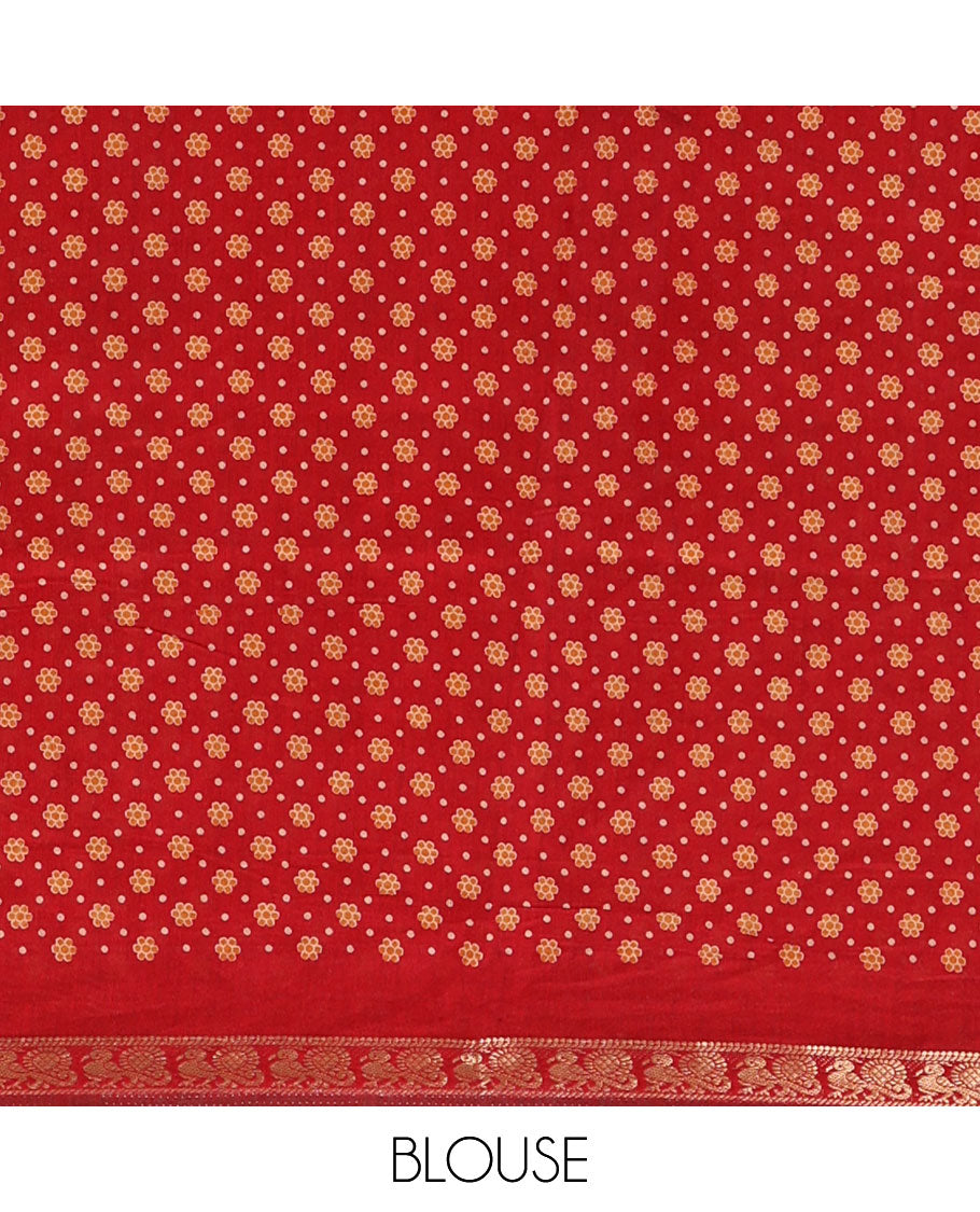Mustard diamond patterns Shibori-style printed muslin cotton saree, contrast elephant motifs printed border, batik elephant motifs pallu & contrast flower buttas printed blouse