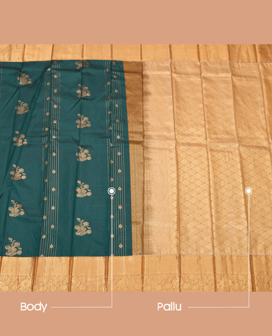 Green Budget Silk Saree, Adorned with Zari Buttas, Complemented by a Contrast Traditional Zari Border, Jaal Pallu, and a Contrast Blouse