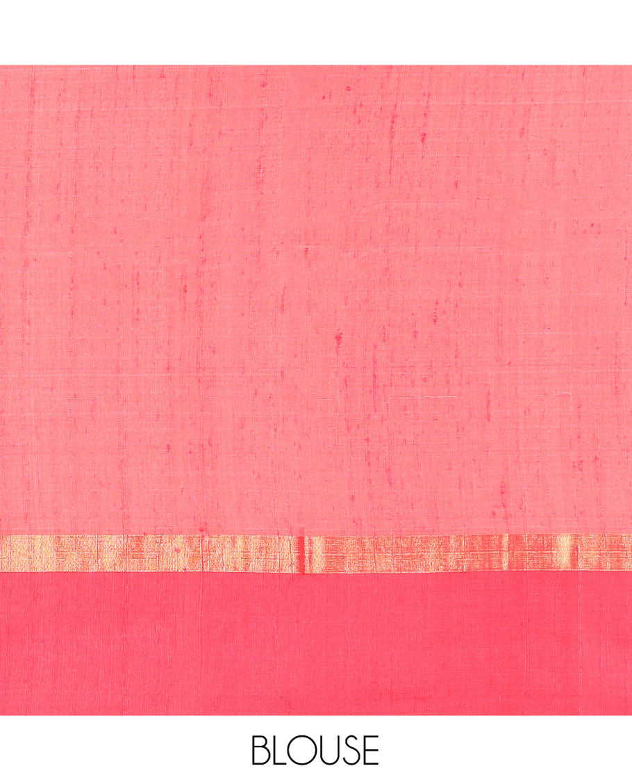 Cream Dupion Silk Saree, Subtly Woven with Buttas on Its Body, Complemented by a Contrast Border of Tree Motifs in Zari, Sparsely Woven Pallu, and Paired with a Contrast Blouse