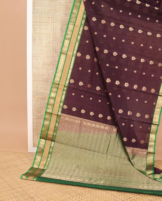 Brown leaf design silk cotton saree with contrast traditional zari border & jaal design pallu