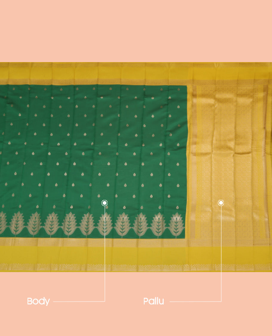 Green Litchi Saree, Detailed with Zari Buttas, a Contrast Traditional Rettai Pettu Border, Grand Pallu, and a Contrast Blouse