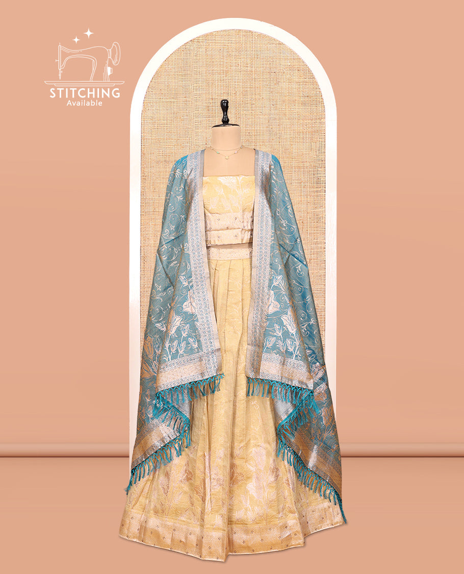 Sandal-Blue Banarasi Half-Saree Features Floral Vine Design Skirt, a Self-Border, a Matching  Blouse, and a Contrast Floral Vine Dhavani