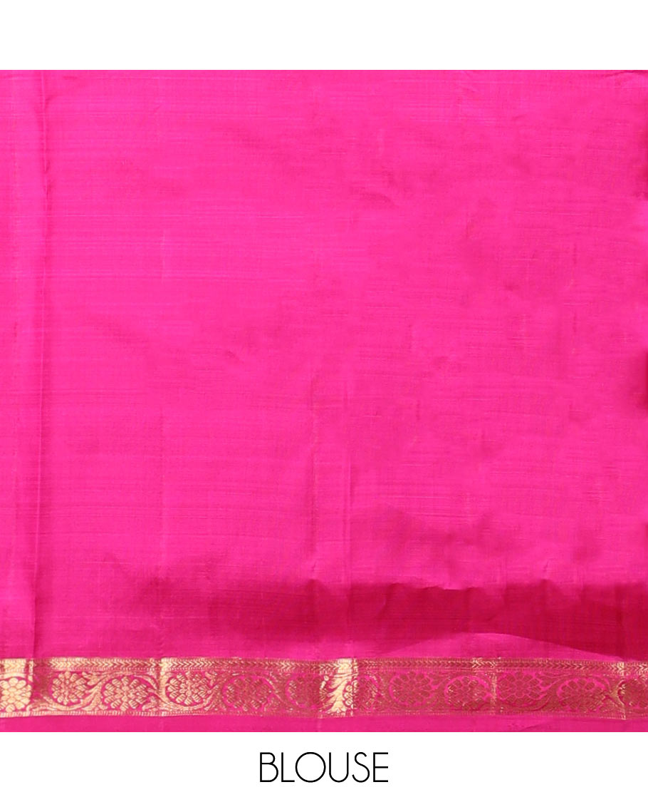 Pink leaf buttas kancheepuram silk saree with contrast zari border & floral, checked zari design pallu
