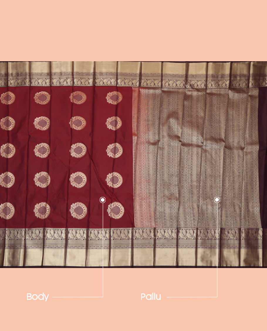 Red Budget Silk Saree, Accentuated with Floral-Circular Buttas, a Contrast Traditional Peacock Zari Border, a Grand Pallu and a Contrast Blouse