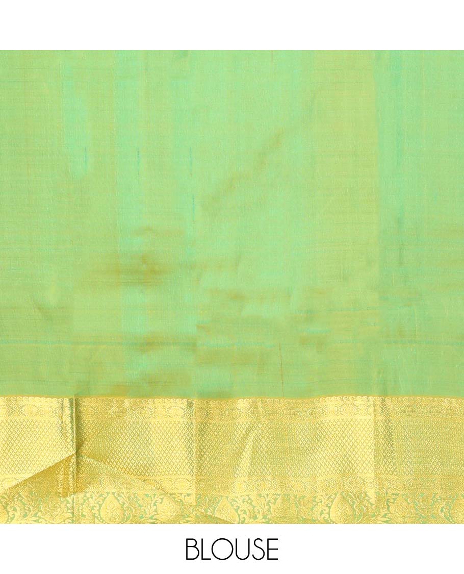 Blue striped floral design kancheepuram silk saree with contrast intricate zari border & checked zari design pallu