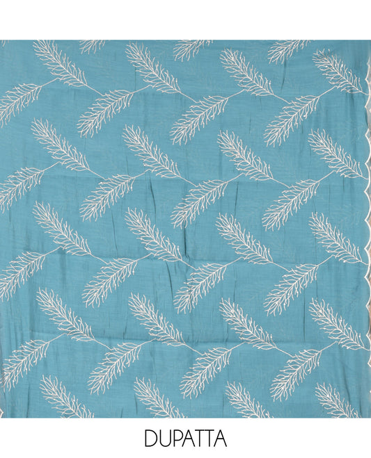 Blue Mul Chanderi Material Churidar Set, V-Neck Thread Embroidered Top, a Matching Bottom, a Thread Leaf Embroidered Dupatta