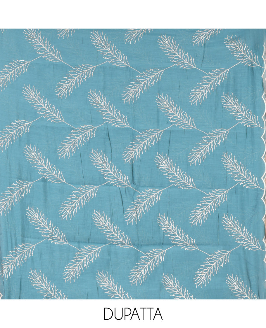 Blue Mul Chanderi Material Churidar Set, V-Neck Thread Embroidered Top, a Matching Bottom, a Thread Leaf Embroidered Dupatta