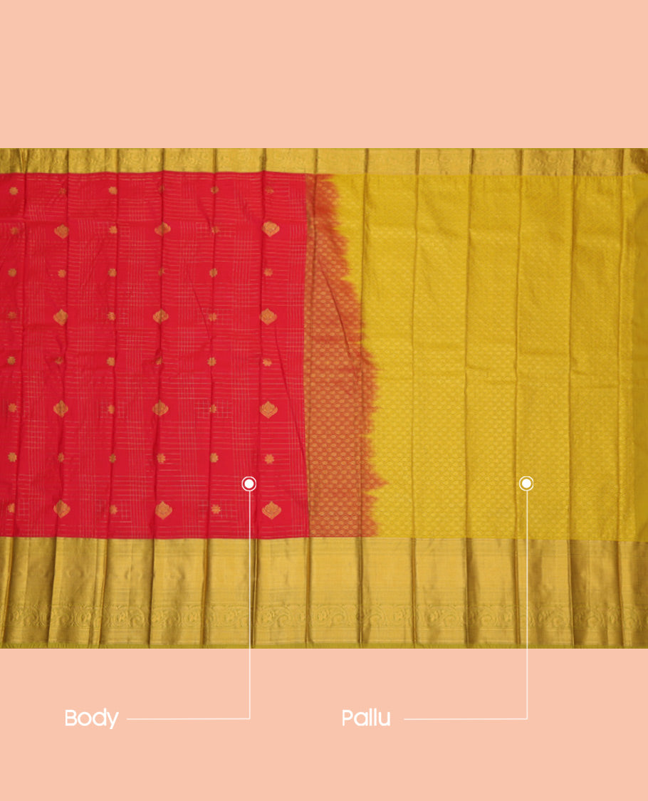 Red Budget Silk Saree, Graced with Zari Buttas Enclosed Checks, a Contrast Traditional Zari Border, Grand Pallu, and a Contrast Blouse