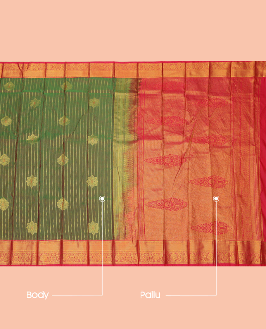Green Budget Silk Saree, Enriched with Zari Designs, a Contrast Traditional Zari Border, Grand Pallu, and a Contrast Blouse