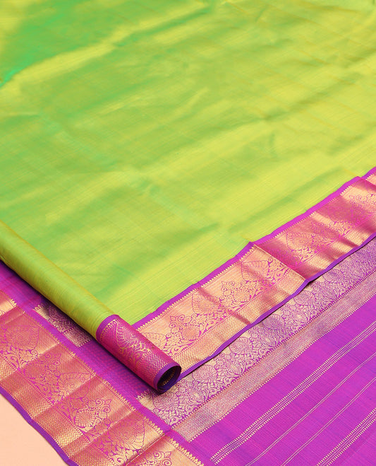Parrot Green Plain Nine-Yard Pure Silk Saree