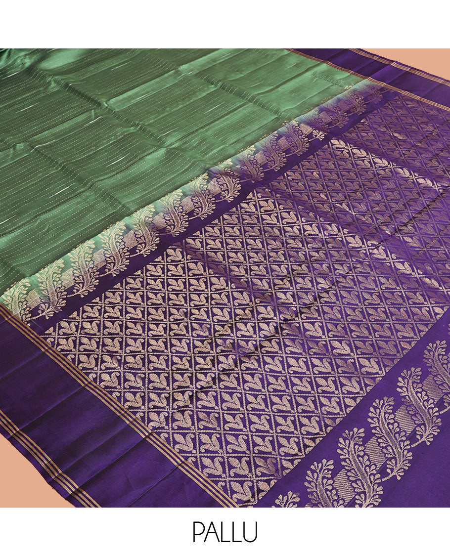 Green Mayuri Lite Silk Mix Saree, Sparsely Sparkled with Muthu Stripes on Its Body, Complemented by a Contrast Border, Jaal Pallu, and Paired with a Contrast Blouse