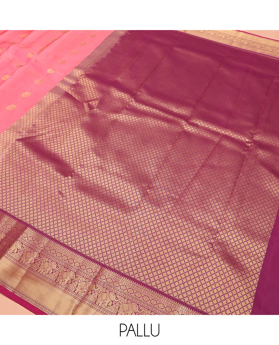 Pink Vasundhara Lite Silk Mix Saree, Mesmerized with Zari Buttas All Over Its Body, Complemented by Contrast Border of Rekku, Rudraksham, Laddu Kamalam, Yaanai, and Mayil Kann Designs, Grand Jaal Pallu and Paired with a Contrast Blouse