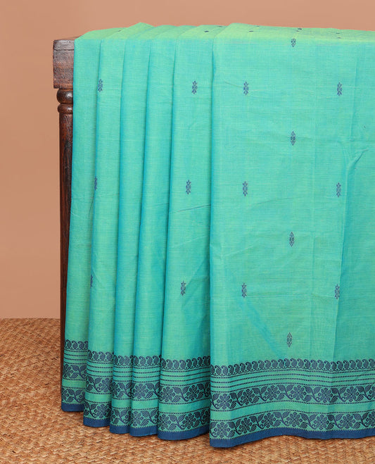 Blue thread buttas Chettinad cotton saree, thread-woven border of paisleys & floral designs, & pallu of buttas & stripes