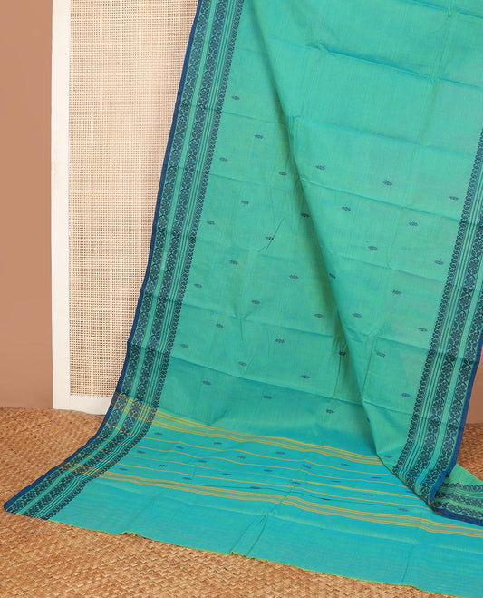Blue thread buttas Chettinad cotton saree, thread-woven border of paisleys & floral designs, & pallu of buttas & stripes