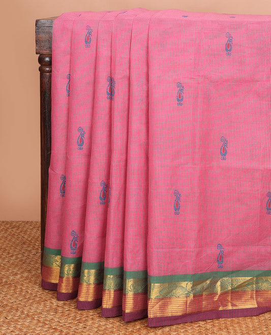 Pink micro-checked & peacock buttas Andhra cotton saree, contrast traditional border & intricate motif pallu