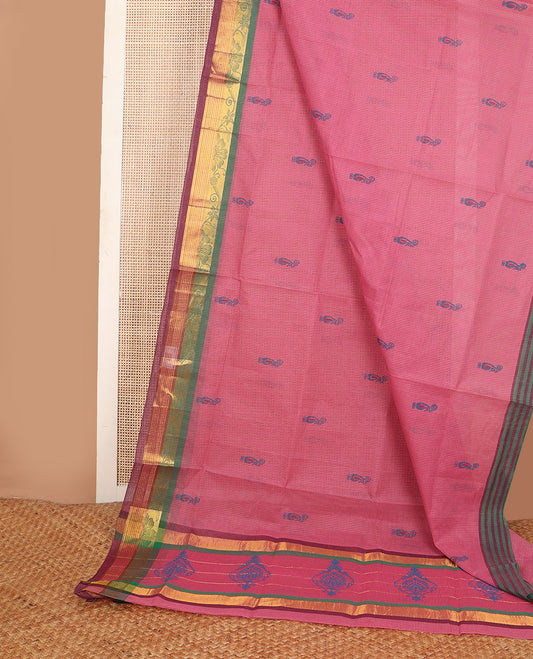 Pink micro-checked & peacock buttas Andhra cotton saree, contrast traditional border & intricate motif pallu