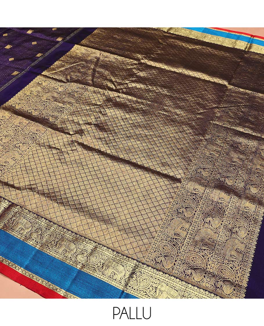 Blue Venkatagiri Silk Saree, Spotlighted with Zari Buttas Enclosed Checks All Over Its Body, Complemented by a Contrast Traditional Zari Design Border, Pallu of Jaal Designs, and Paired with a Contrast Blouse