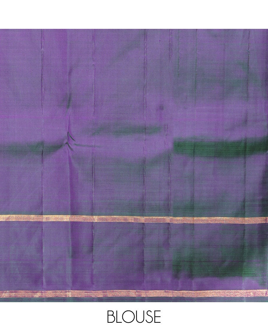 Green checked kancheepuram silk saree with contrast striped border & striped zari pallu