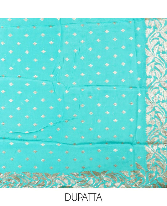 Blue material chudidhar set, floral printed & embroidered top, plain bottom & zari buttas dupatta