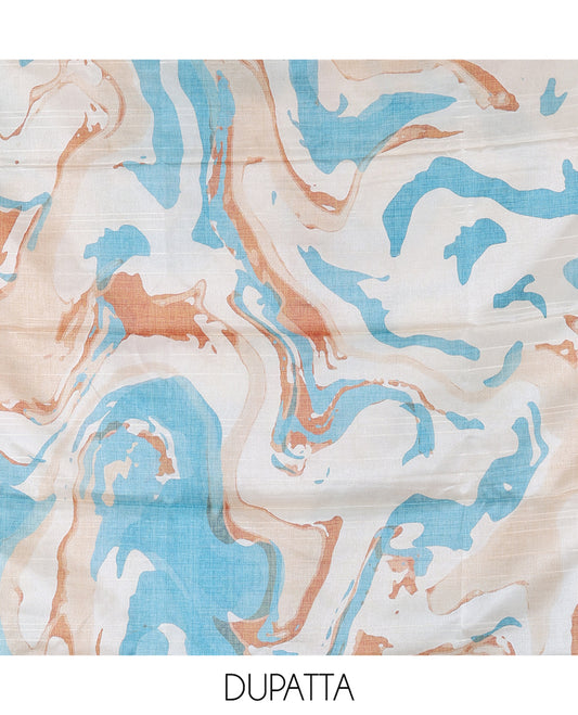 Rama Blue Semi-Bhagalpur Cotton Material Churidar Features Plain Top, a Santoon Bottom, and Contrast Abstract Printed Dupatta