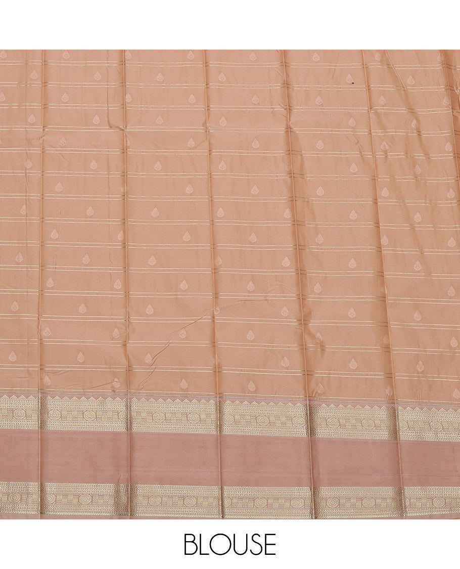 Brown Budget Silk Saree, Subtly Enriched with Zari Buttas and Zari Stripes All Over Its Body, Complemented by a Contrast Traditional Zari Design Rettai Pettu Border, Pallu of Jaal Designs, and Paired with a Contrast Blouse