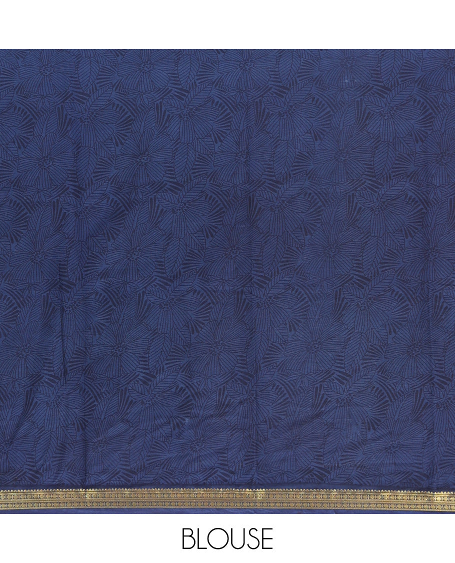 Blue Sparsely Printed Silk Saree, a Contrast Mughal-style Border, Mughal-style Pallu, and a Contrast Blouse