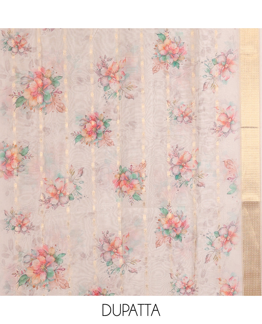 Cream chudidhar material organza zari weaving butta design top with cotton pants & organza digital floral print with zari dupatta